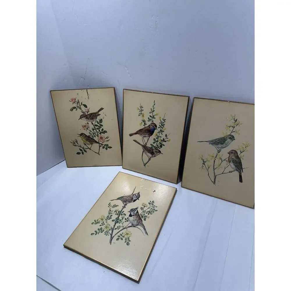 Sewell Signed Wooden Plaques Wall Decor Birds Wagtail Titmouse Set 4 VTG England